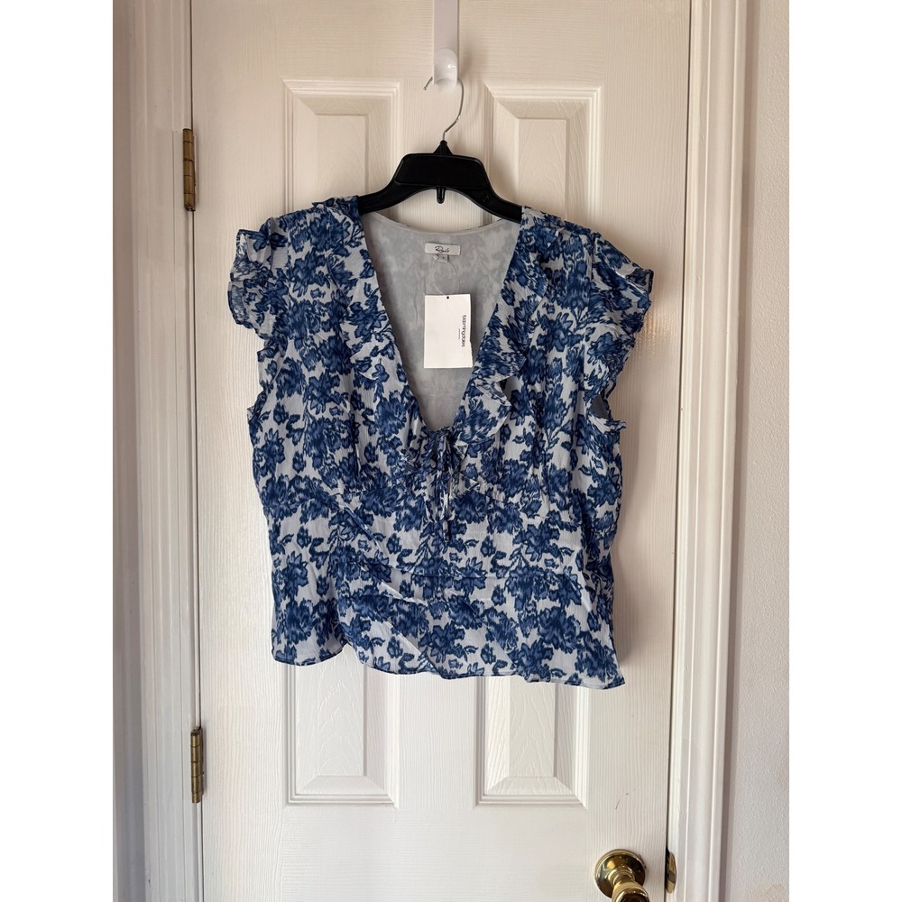 Rails Floral Print Ruffle Sleeve Tie Neck Blouse Top Blue‎ White Size Large